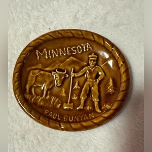 Minnesota’s Paul Bunyan vintage brown ceramic souvenir plate.  5 1/2” x 5”